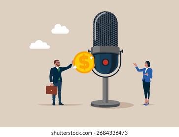 Bribe and corruption. Businessman inserting a coin into the microphone. Debate before vote. Political parties conducting discussion on public debates. Politicians talk, meeting and discuss problems. 