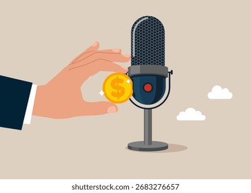 Suborno e corrupção. Mão inserindo uma moeda no microfone. Debate antes da votação. Partidos políticos que conduzem debates públicos. Políticos conversam, se reúnem e discutem problemas. Vetor