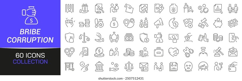 Bribe and corruption line icons collection. Thin outline icons pack. UI icon collection. Set of line web pictogram