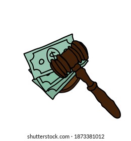 Bribe corruption symbol in court Judge's gavel or auction hammer emblem Money dollar doodle logo icon sign Hand drawn Cartoon design style Fashion print banner poster game card social advertisement