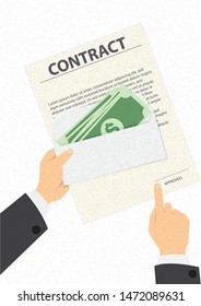 Bribe in the form of dollar bills, Businessman giving money in the envelope while making deal to agreement contract. Bribery and corruption concept illustration.
