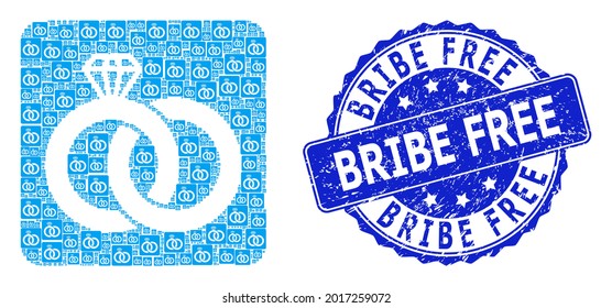 Bribe Free dirty round seal imitation and vector recursive mosaic diamond wedding rings. Blue stamp seal has Bribe Free caption inside round shape.