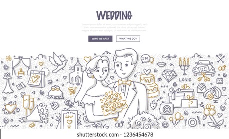 Bribe & groom on wedding day, surrounded with different wedding related elements and symbols. Doodle concept of marriage for web banner, hero images and printing materials