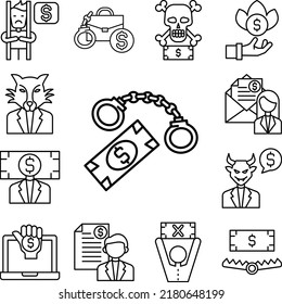 Bribe, handcuffs, clamp, money icon in a collection with other items