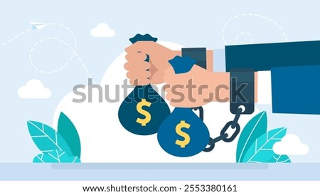 Bribe, handcuffs, corruption, prison, crime. Anti corruption concept. Handcuffs on hands. Bags of cash money in hands bound by shackles chain, corruption and bribery conceptual. Vector illustration