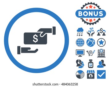 Bribe icon with bonus pictogram. Vector illustration style is flat iconic bicolor symbols, smooth blue colors, white background.
