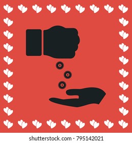 Bribe icon flat. Simple black pictogram on red background with white hearts for valentines day. Vector illustration symbol