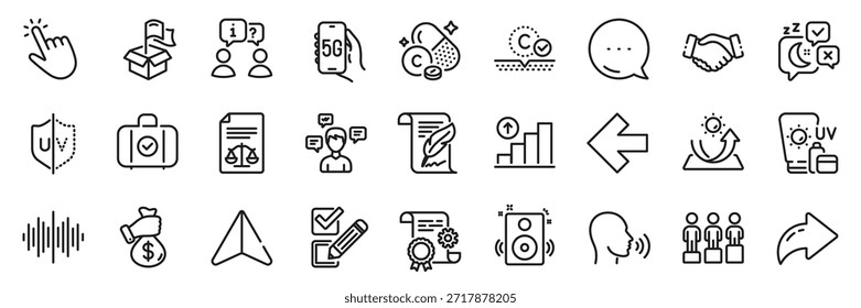 Suborno, Entrevista e Cursor linha ícones pacote. Ícones de plano Compartilhar, Mensagem, Papel. Documento de construção, protetor solar, Ícone de sono web. Mensagens de conversação, canto humano, pictograma de local de entrega. Vetor
