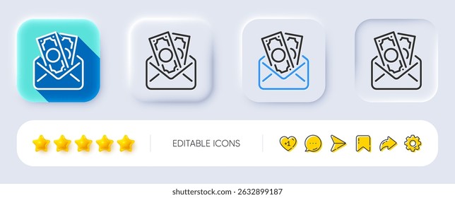 Bribe line icon. Neumorphic, Flat shadow, 3d buttons. Money fraud crime sign. Cash envelope symbol. Line bribe icon. Social media icons. Vector