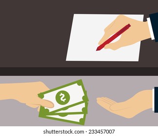 Bribe. Man giving money to the person who signs the document. Vector illustration 