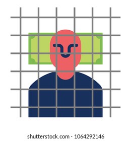Bribe taker in prison. Man in Prison bars and money