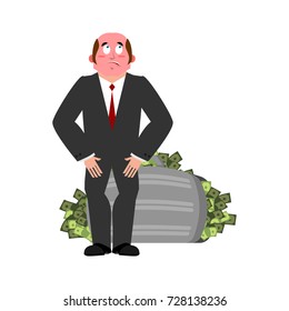 Bribe taker and suitcase of money. Shame boss. Fie upon you! on businessman. Caught red-handed. Vector illustration
