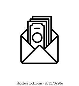 Icono de la línea delgada del soborno, dinero en sobre abierto. Corrupción. Ilustración vectorial moderna.