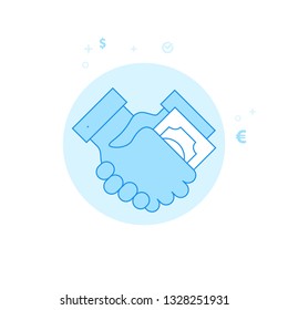 Bribe, Transfer of Money, Handshake Flat Vector Icon. Money and Finance Illustration. Light Flat Style. Blue Monochrome Design. Editable Stroke. Adjust Line Weight. Design with Pixel Perfection.