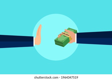 Bribe vector concept. Businessman' hand refusing money bribe