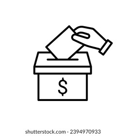 Bribe, vote box with buy ballot, line icon. Hand holding ballot paper, fraud election. Vote and opinion. Vector illustration