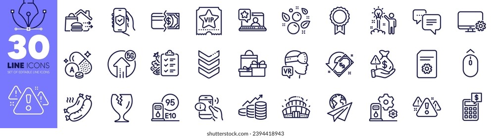 Bribe, Warning and Grilled sausage line icons pack. Augmented reality, Swipe up, Monitor settings web icon. Creative idea, Diet menu, Call center pictogram. Paper plane, Arena stadium. Vector