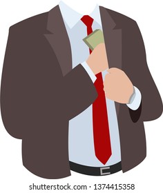Briber in brown office suit and red tie hiding money