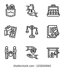 Bribery business money icon set. Outline set of 9 bribery business money vector icons for web design isolated on white background