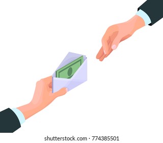 Bribery concept with businessman gives money as a bribe, isometric vector illustration of corruption, financial fraud, crime
