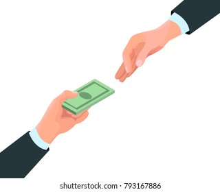 Bribery concept with businessman gives money as a bribe, isometric vector illustration of corruption, financial fraud, crime