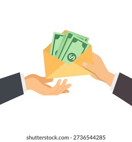 Bribery concept, hand gives envelope filled with money as a bribe to the other hand. Financial fraud, corruption, borrow