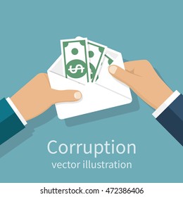 Bribery Concept. Money In An Envelope In Hands Of Businessmen During Corruption Deal. Vector Illustration, Flat Design Style. Corruption Icon. Giving, Receiving Cash. Funding, Donation, Payday.