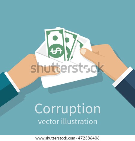 Bribery concept. Money in an envelope in hands of businessmen during corruption deal. Vector illustration, flat design style. Corruption icon. Giving, receiving cash. Funding, donation, payday.