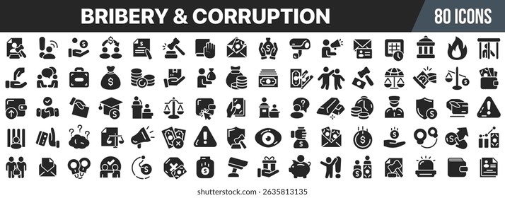 Coleção de ícones negros de suborno e corrupção. Ícone de IU grande definido em um design plano. Ilustração vetorial EPS10