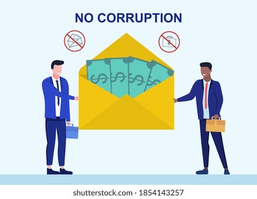 Bribery and corruption concept. Businessmen holding giant envelope with money during corruption deal. Flat cartoon vector illustration. Corruption icon. Giving, receiving cash. Funding,donation,payday