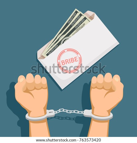 Bribery and corruption. Envelope with dollar banknotes. Man in handcuffs. Stock vector illustration.