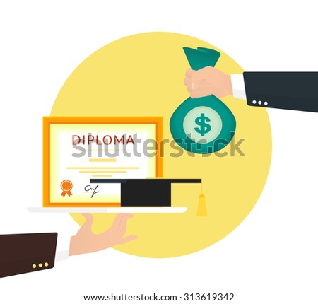 Bribery for education. Human hand holds big bag of money and buys a diploma. Flat concept illustration