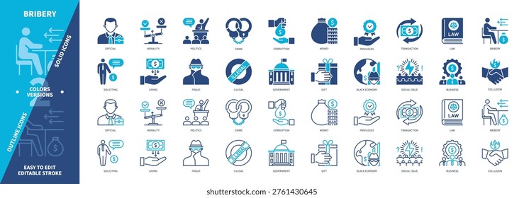Bribery icon set. Giving, Soliciting, Collusion, Black Economy, Social Issues, Corruption, Morality, Fraud. Duotone color solid and editable outline icons