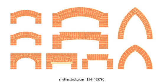 Brick arches set. Masonry icons in flat style. Vector illustration on a white background.