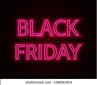 Brick background. Black friday neon text. Vector illustration.