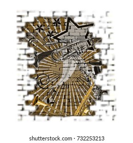 brick background with blurred trumpet and saxophone jazz music
