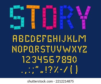 Brick Block Font Type, Kids Typeface Of Colorful Construction Blocks, Vector Alphabet Letters. Toy Brick Blocks Font Or Plastic Cubes Of Children Play Game As ABC Typeface Or Typography Typeset