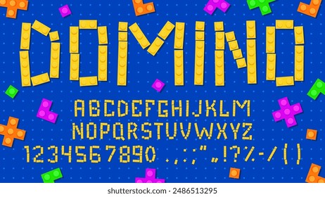 Brick block font, type. Kids typeface, playful and colorful domino abc script made of building constructor toy blocks. Vector alphabet letters, typographic symbols and numbers for kids education, game