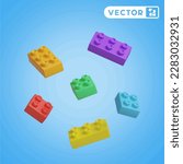brick block toys 3D vector icon set, on a blue background