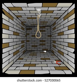 brick box in perspective. 3d room with a hook on the ceiling and a rope for gibbet