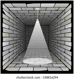 brick box in perspective. 3d room with a light bulb on the ceiling and lighting