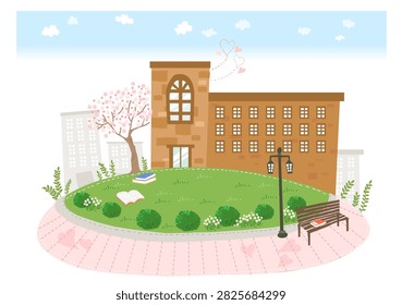 A brick building with a blooming cherry tree and a park bench sits on a grassy hill.