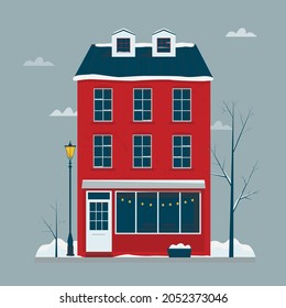 Brick building cafe with snow and trees