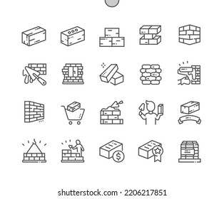 Ladrillo. Construcción de edificios. Muro de ladrillo. Construcción. Compra, precio y comentarios. Iconos De Línea Delgada De Vector Perfecto De Pixel. Pictograma mínimo simple