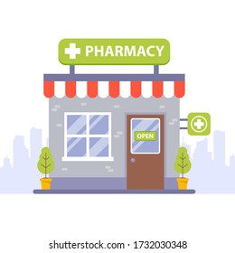 brick building of a drug store. flat vector illustration.