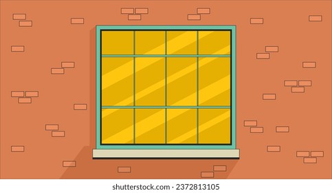 Brick building window outside line cartoon flat illustration. Retro twelve pane window exterior residential 2D lineart scenery background. Urban 70s vintage house facade scene vector color image