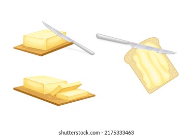 Brick of butter on wooden board, knife and toast of bread with spread butter vector illustration