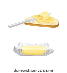 Brick of butter and toast of bread with curl of butter and knife vector illustration