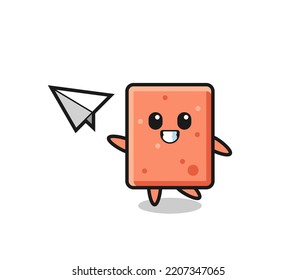 brick cartoon character throwing paper airplane , cute design
