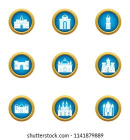 Brick castle icons set. Flat set of 9 brick castle vector icons for web isolated on white background